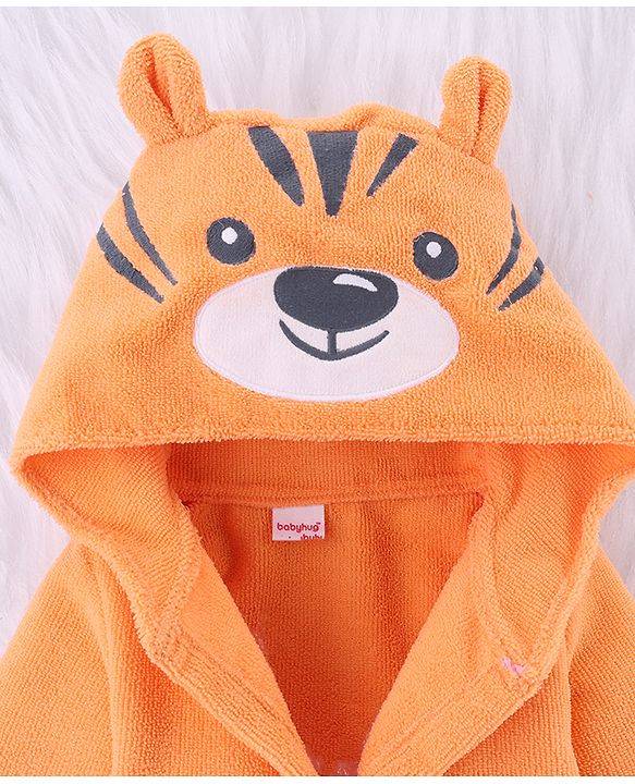 Babyhug Knit Microfiber Tiger Print Unisex Terry Bath Robe With Hood & Embroidery - Orange