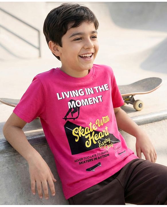 Pine Kids Cotton Knit Half Sleeves T-Shirt With Skateboarding Print - Purple