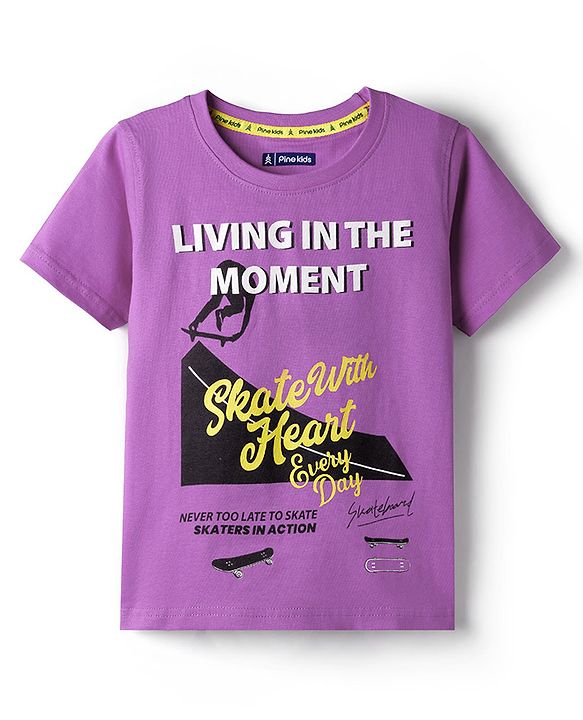 Pine Kids Cotton Knit Half Sleeves T-Shirt With Skateboarding Print - Purple