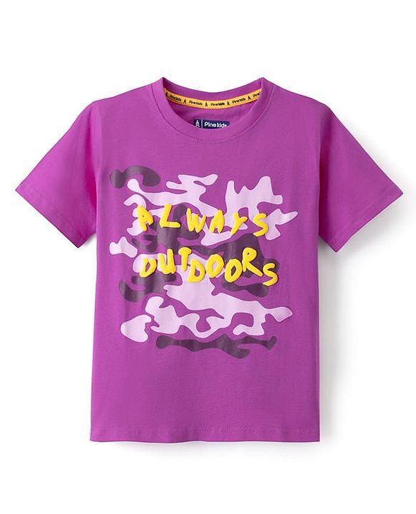 Pine Kids Cotton Knit Half Sleeves T-Shirt With Text Print - Purple