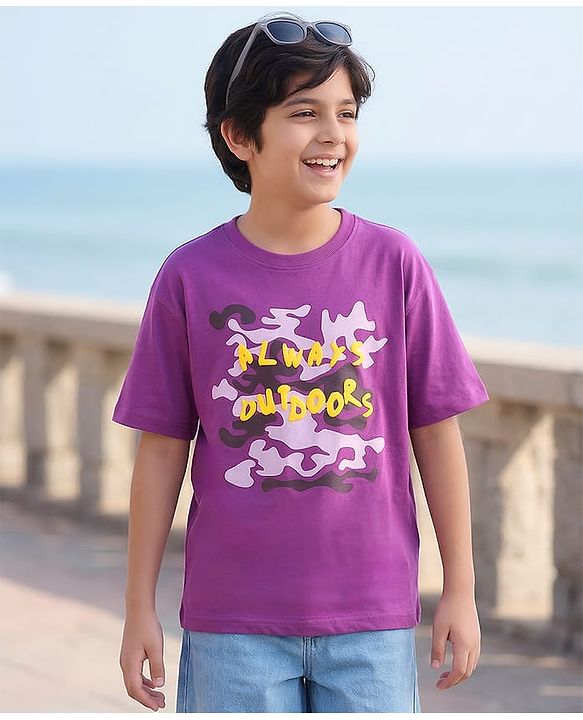 Pine Kids Cotton Knit Half Sleeves T-Shirt With Text Print - Purple