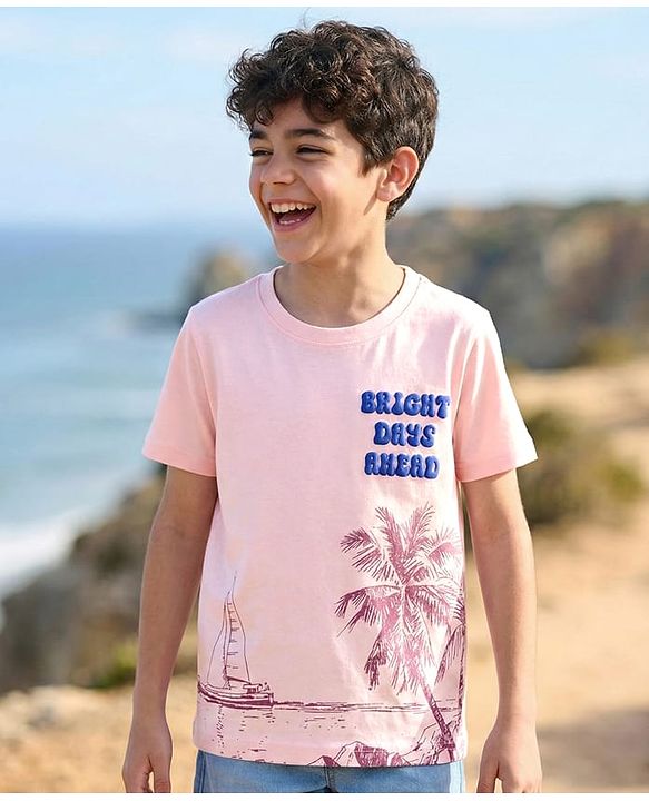 Pine Kids Cotton Knit Half Sleeves T-Shirt With Beach Print - Pink