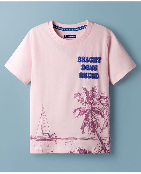 Pine Kids Cotton Knit Half Sleeves T-Shirt With Beach Print - Pink