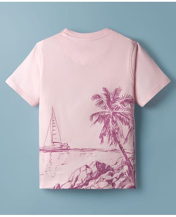 Pine Kids Cotton Knit Half Sleeves T-Shirt With Beach Print - Pink