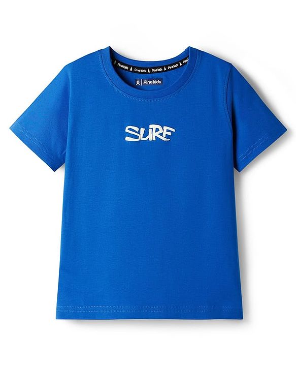 Pine Kids Cotton Knit Half Sleeves T-Shirt with Text Print - Blue