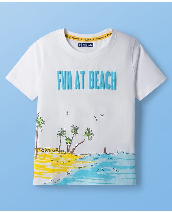 Pine Kids Cotton Knit Half Sleeves T-Shirt with Beach Theme Print - White