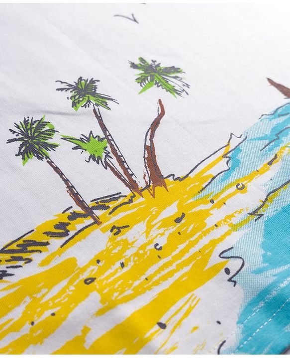 Pine Kids Cotton Knit Half Sleeves T-Shirt with Beach Theme Print - White