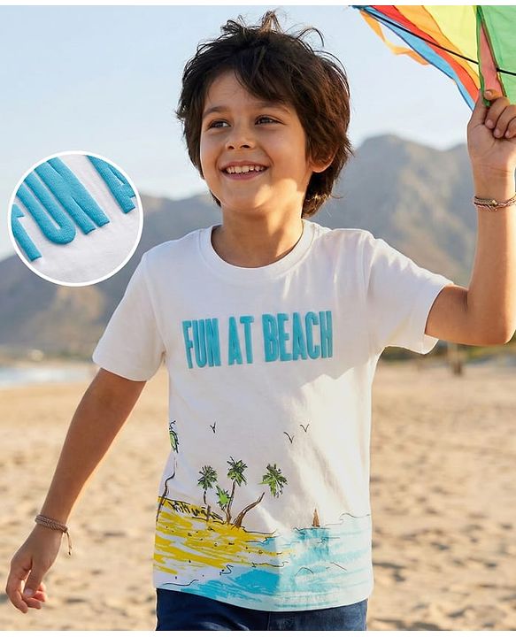Pine Kids Cotton Knit Half Sleeves T-Shirt with Beach Theme Print - White