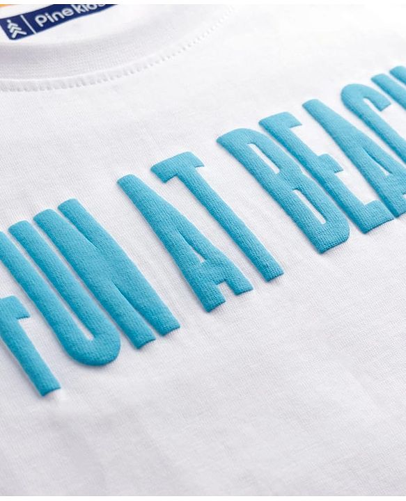 Pine Kids Cotton Knit Half Sleeves T-Shirt with Beach Theme Print - White