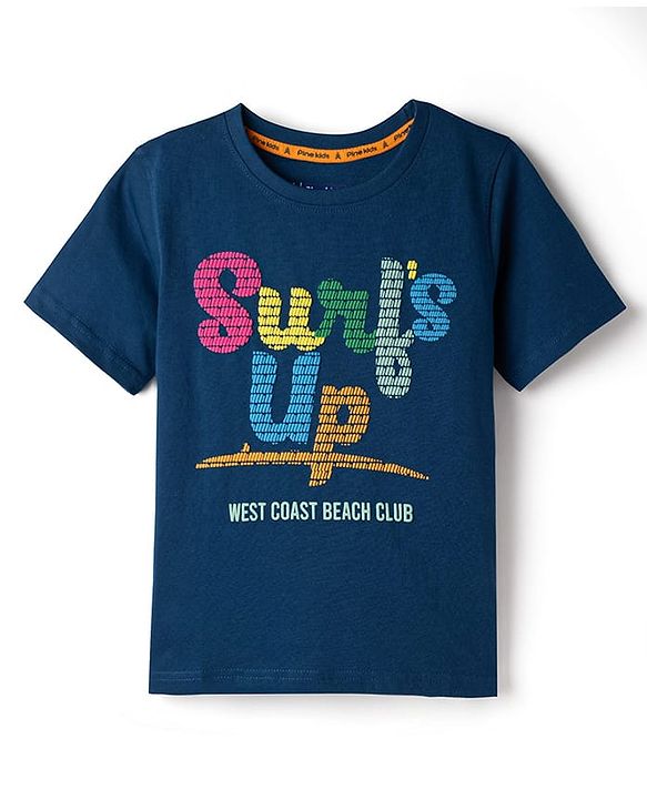 Pine Kids Cotton Knit Half Sleeves T-Shirt With Text Print - Navy Blue