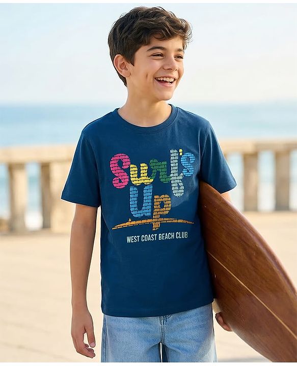 Pine Kids Cotton Knit Half Sleeves T-Shirt With Text Print - Navy Blue