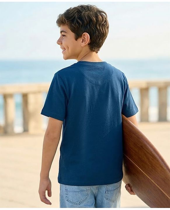 Pine Kids Cotton Knit Half Sleeves T-Shirt With Text Print - Navy Blue