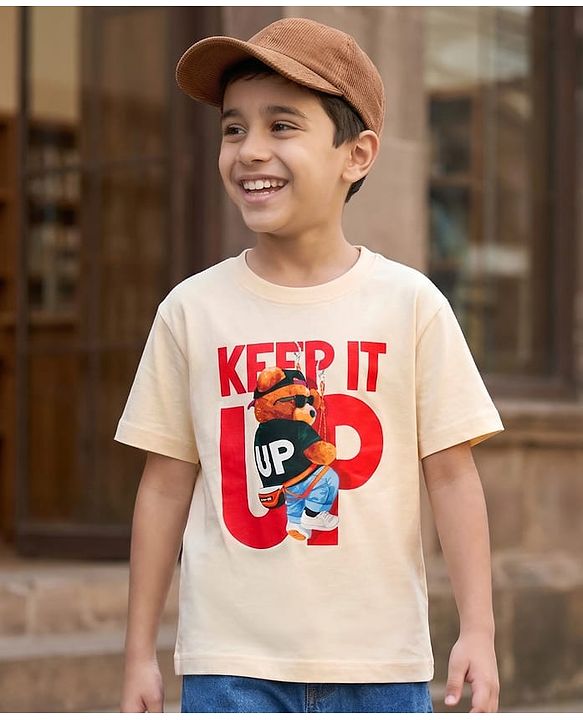 Pine Kids Cotton Knit Half Sleeves T-Shirt with Bear Print - Off White