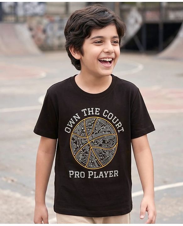 Pine Kids Cotton Knit Half Sleeves T-Shirt with Sport Print - Black
