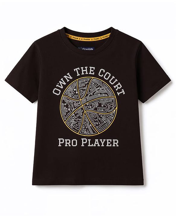 Pine Kids Cotton Knit Half Sleeves T-Shirt with Sport Print - Black