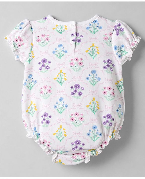 Babyhug 100% Cotton Interlock Knit Half Sleeves Onesies with Floral Print - White