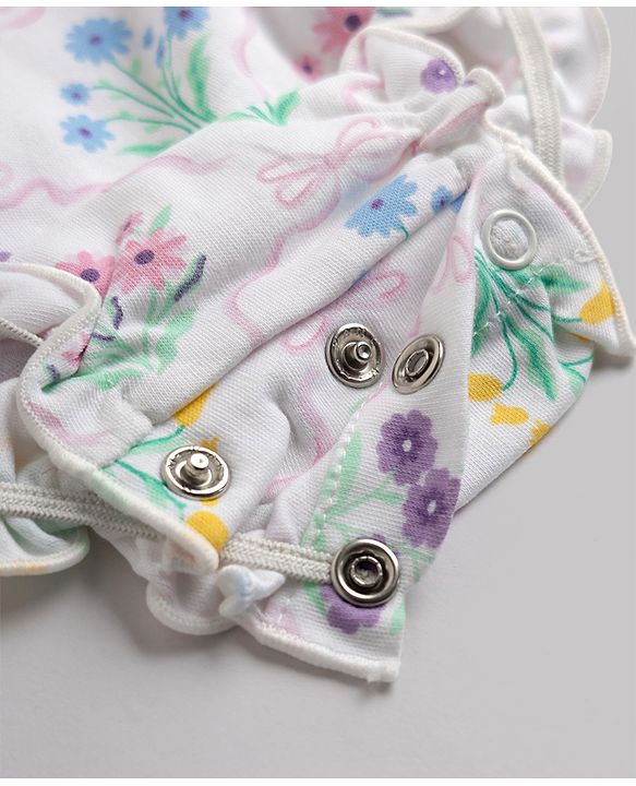 Babyhug 100% Cotton Interlock Knit Half Sleeves Onesies with Floral Print - White