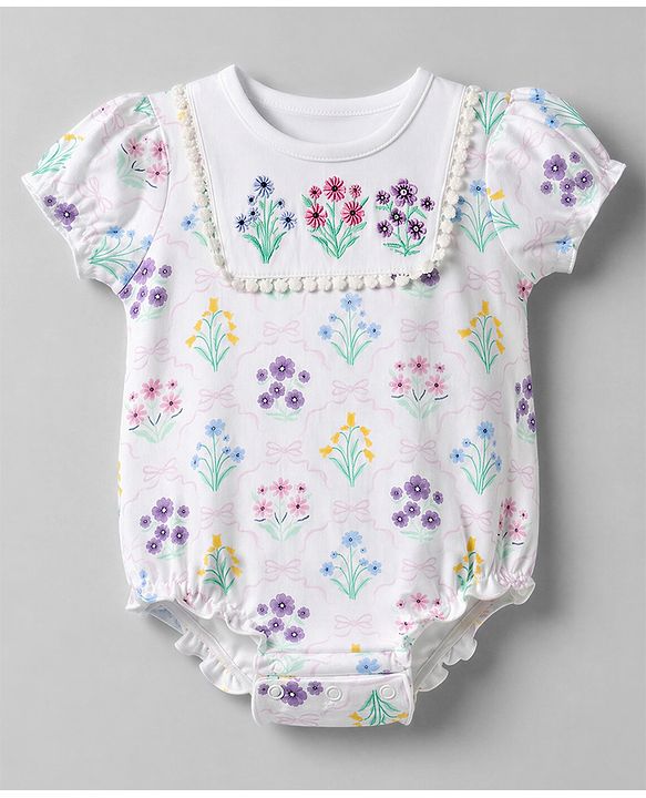 Babyhug 100% Cotton Interlock Knit Half Sleeves Onesies with Floral Print - White