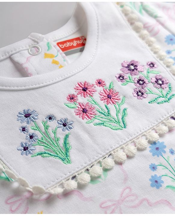 Babyhug 100% Cotton Interlock Knit Half Sleeves Onesies with Floral Print - White