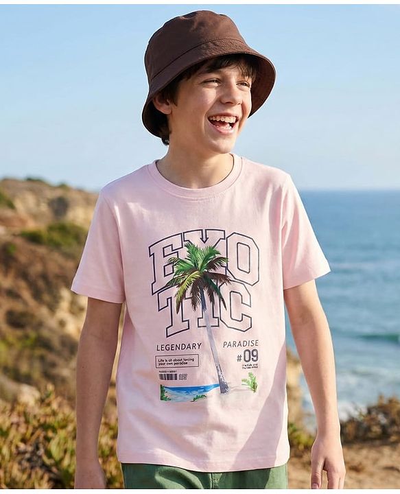 Pine Kids Cotton Knit Half Sleeves T-Shirt With Beach Print - Pink