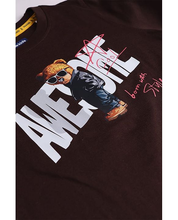 Pine Kids Cotton Knit Half Sleeves T-Shirt with Bear Print - Wine