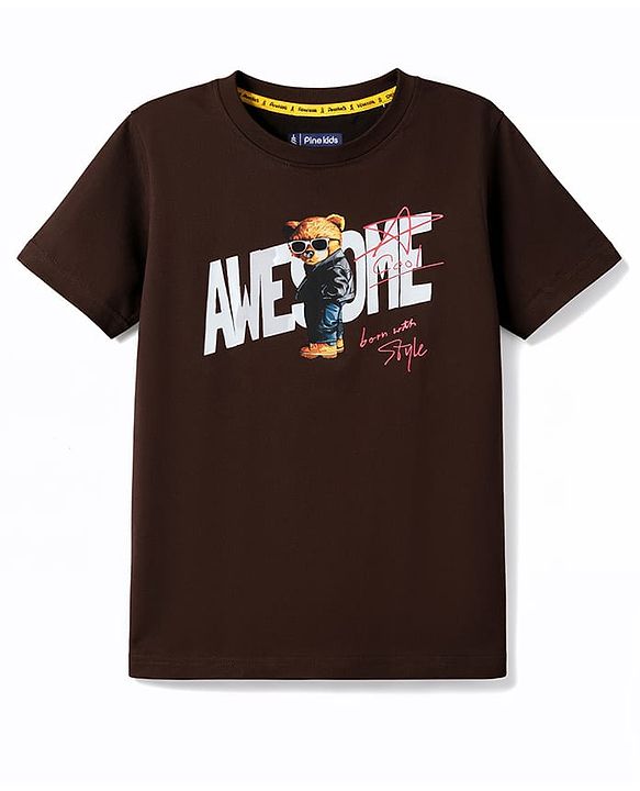 Pine Kids Cotton Knit Half Sleeves T-Shirt with Bear Print - Wine