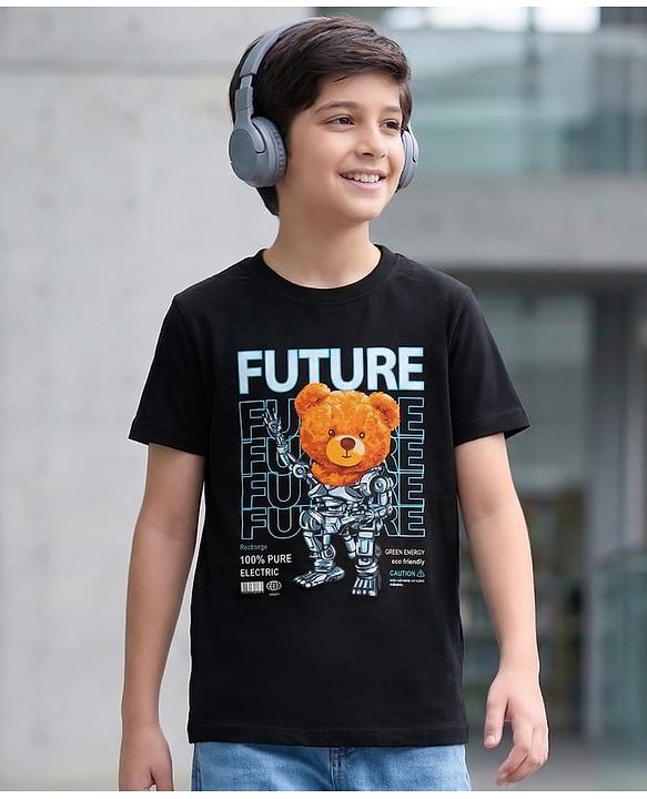 Pine Kids Cotton Knit Half Sleeves T-Shirt With Teddy Robot Print - Black