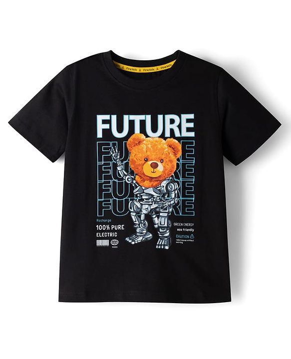 Pine Kids Cotton Knit Half Sleeves T-Shirt With Teddy Robot Print - Black