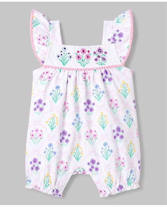 Babyhug 100% Cotton Knit Sleeveless Floral Printed Romper With Headband - Multicolor