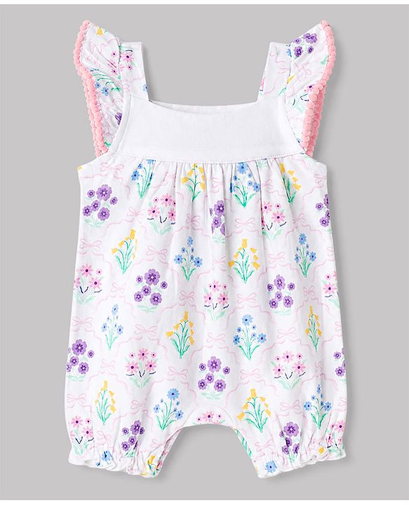 Babyhug 100% Cotton Knit Sleeveless Floral Printed Romper With Headband - Multicolor