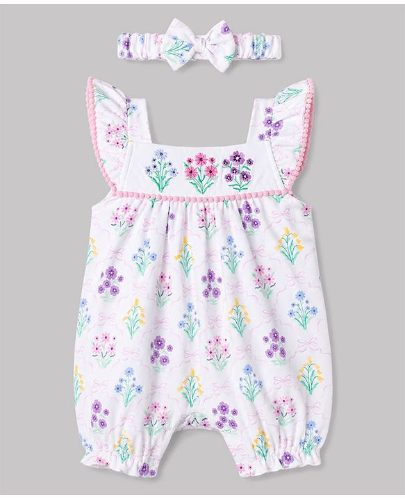 Babyhug 100% Cotton Knit Sleeveless Floral Printed Romper With Headband - Multicolor