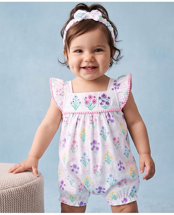 Babyhug 100% Cotton Knit Sleeveless Floral Printed Romper With Headband - Multicolor