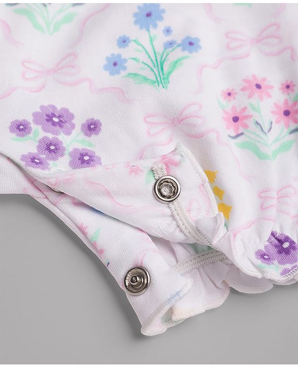 Babyhug 100% Cotton Knit Sleeveless Floral Printed Romper With Headband - Multicolor