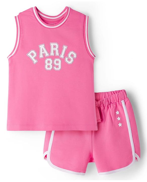 Babyhug Terry Knit Sleeveless Top & Shorts Set with Text Print - Pink