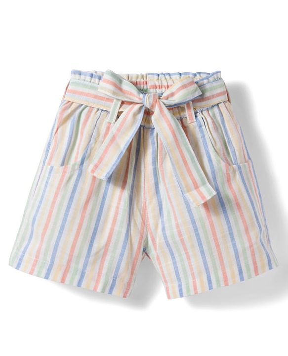 Babyhug Seer-Sucker Woven Half Sleeves Striped Top & Shorts Set With Belt - Multicolor