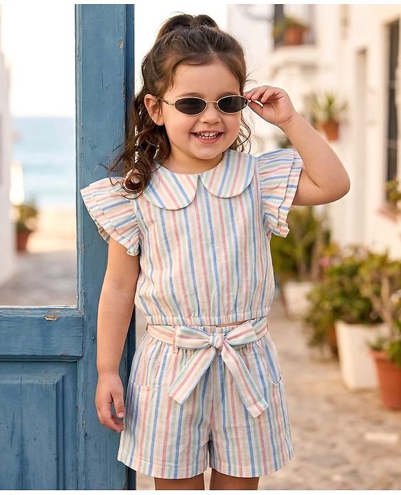 Babyhug Seer-Sucker Woven Half Sleeves Striped Top & Shorts Set With Belt - Multicolor