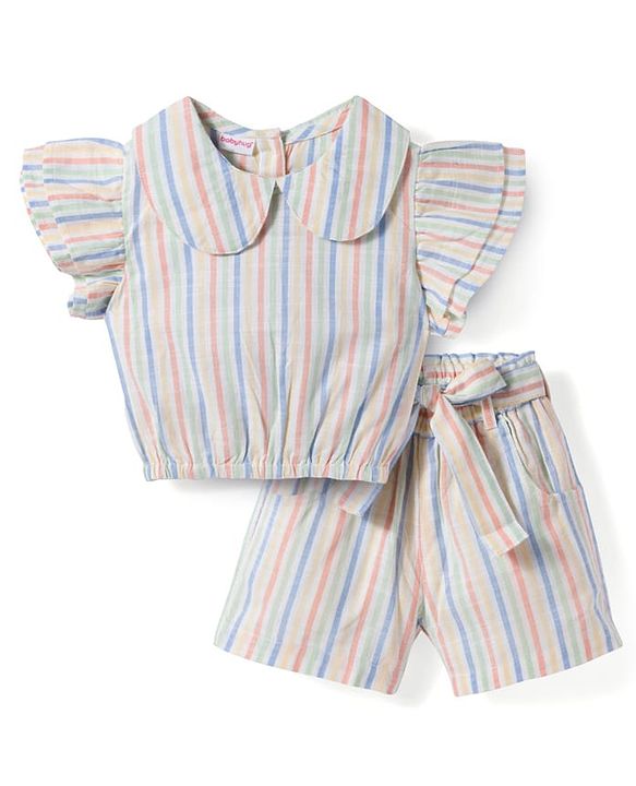 Babyhug Seer-Sucker Woven Half Sleeves Striped Top & Shorts Set With Belt - Multicolor