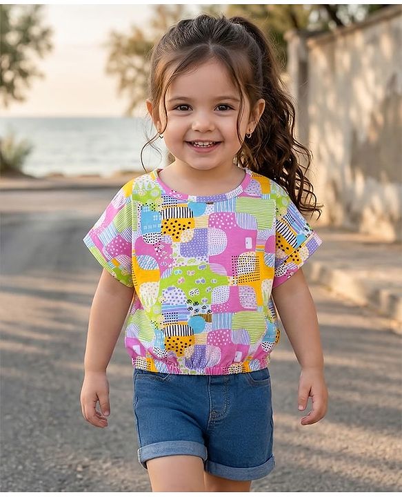 Babyhug Single Jersey Knit Half Sleeves Printed Top & Denim Shorts Set - Multicolor