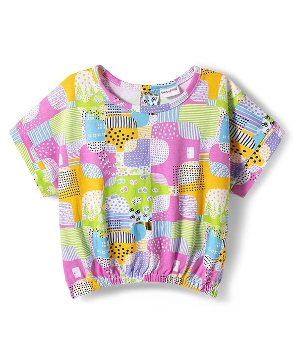 Babyhug Single Jersey Knit Half Sleeves Printed Top & Denim Shorts Set - Multicolor