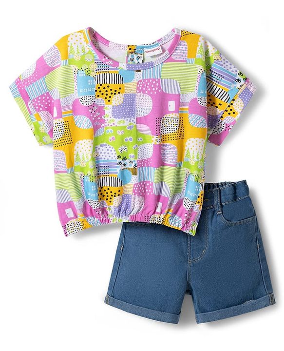Babyhug Single Jersey Knit Half Sleeves Printed Top & Denim Shorts Set - Multicolor
