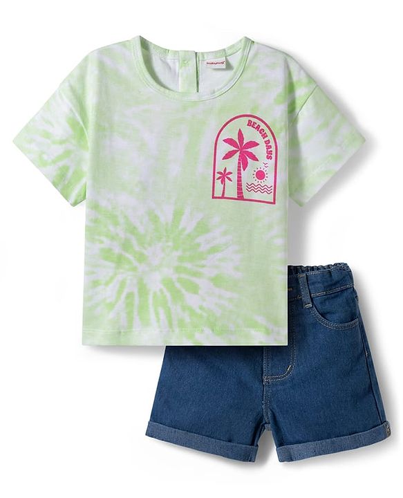 Babyhug Single Jersey Knit Half Sleeves Top & Denim Shorts Set With Beach Print - Light Green & Blue