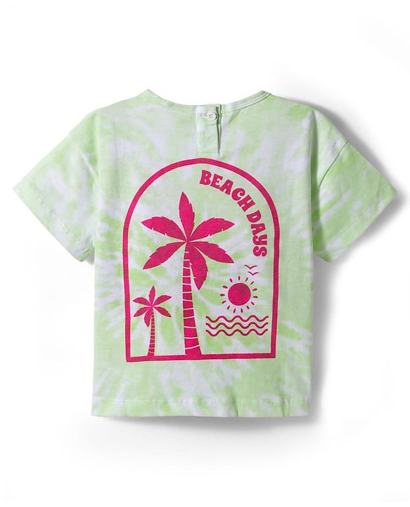 Babyhug Single Jersey Knit Half Sleeves Top & Denim Shorts Set With Beach Print - Light Green & Blue