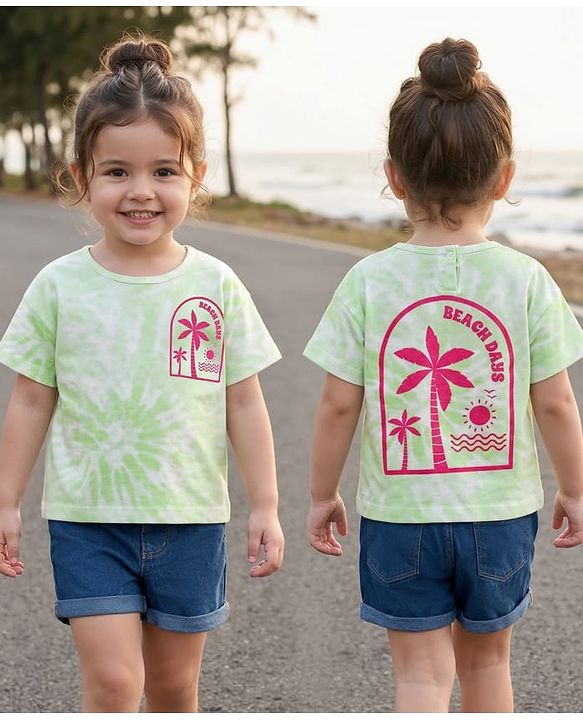 Babyhug Single Jersey Knit Half Sleeves Top & Denim Shorts Set With Beach Print - Light Green & Blue