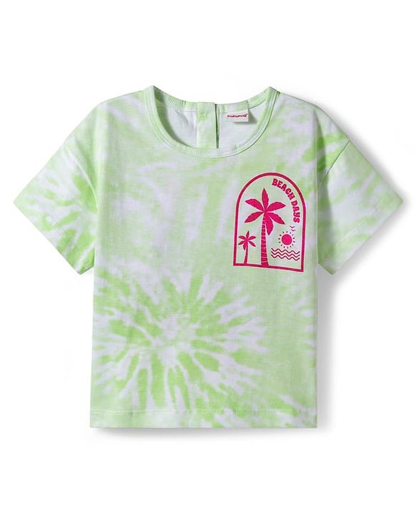 Babyhug Single Jersey Knit Half Sleeves Top & Denim Shorts Set With Beach Print - Light Green & Blue