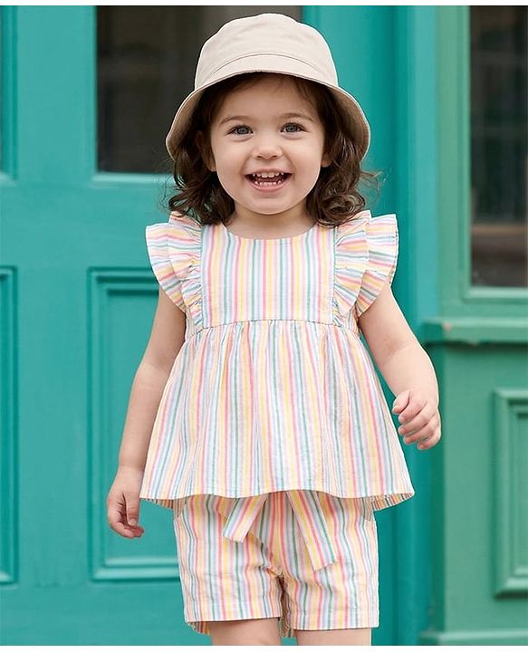 Babyhug Seer-Sucker Woven Half Sleeves Striped Top & Shorts Set With Belt - Multicolor