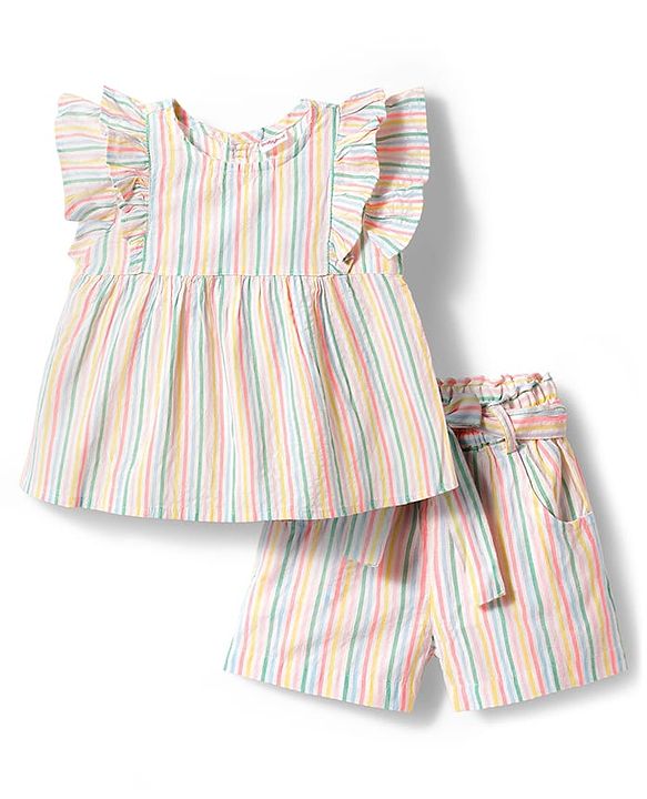 Babyhug Seer-Sucker Woven Half Sleeves Striped Top & Shorts Set With Belt - Multicolor