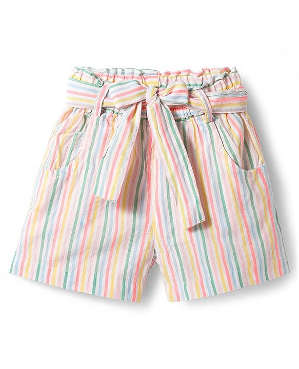 Babyhug Seer-Sucker Woven Half Sleeves Striped Top & Shorts Set With Belt - Multicolor