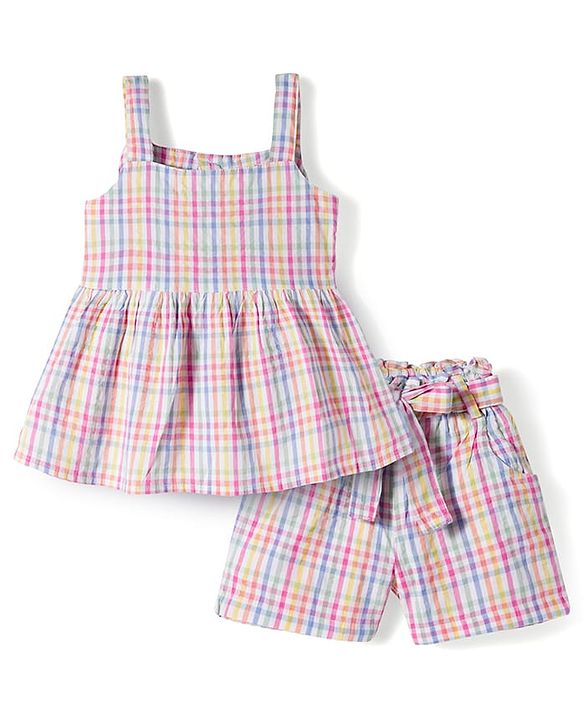 Babyhug Seer-Sucker Woven Sleeveless Striped Top & Shorts Set With Belt - Multicolor