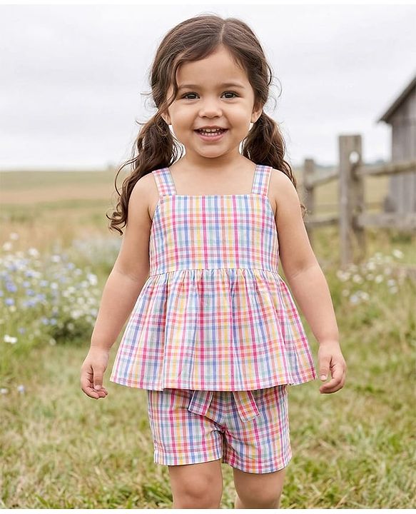 Babyhug Seer-Sucker Woven Sleeveless Striped Top & Shorts Set With Belt - Multicolor