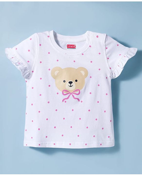 Babyhug Cotton Knit Half Sleeves T-Shirt & Shorts Night Suit with Bear Print & Bow Applique - Pink & White